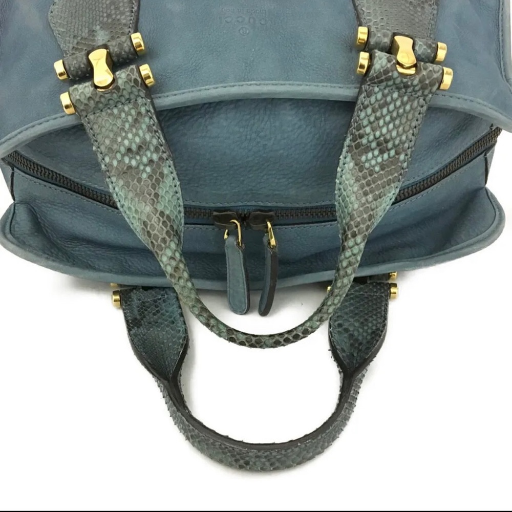 Authentic GUCCI Blue/Green Nubuck Leather Tote Satchel Bag - Picture 5 of 11